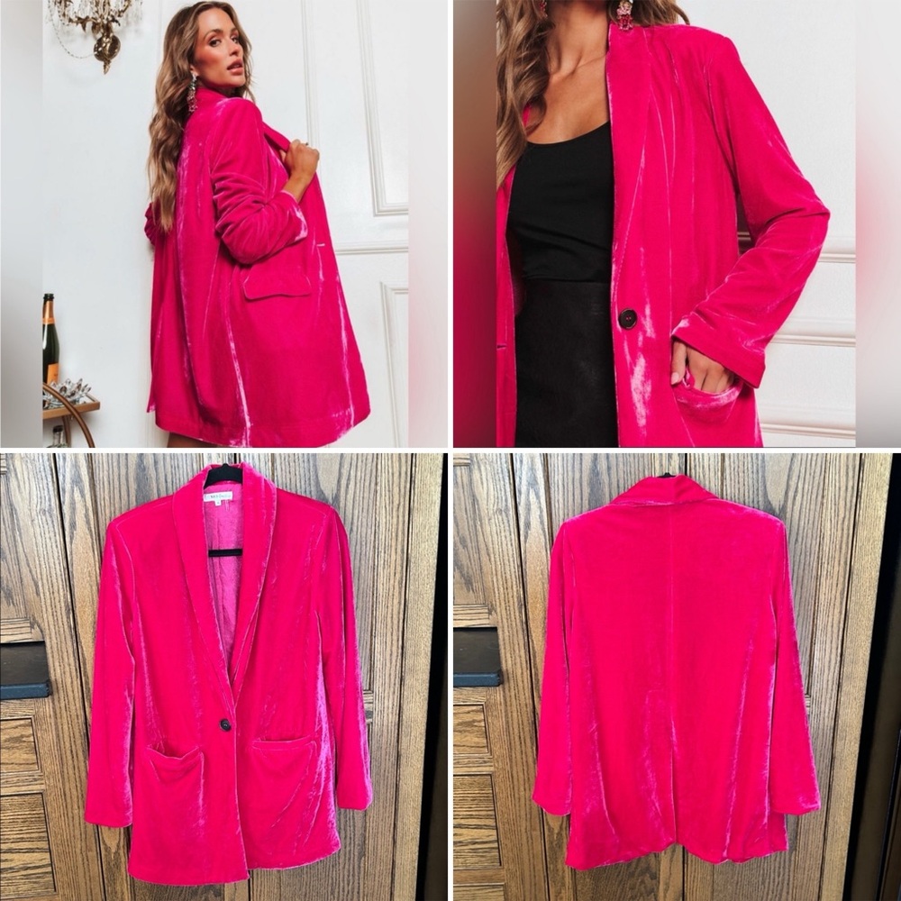Vici x Gina Pink Velvet Chicest Pocketed Blazer in Fuchsia Hot Pink Longline XS‎